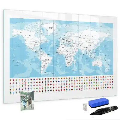 Magnetic glass dry erase board with continent maps