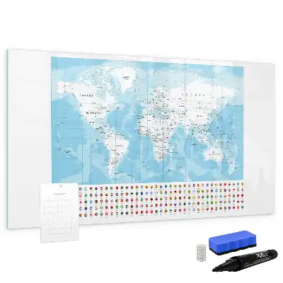 Magnetic glass dry erase board with continent maps