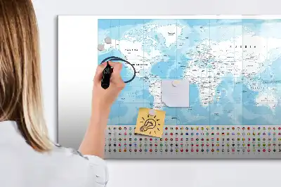 Magnetic glass dry erase board with continent maps