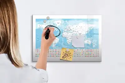 Magnetic glass dry erase board with continent maps