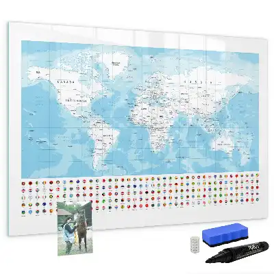 Magnetic glass dry erase board with continent maps
