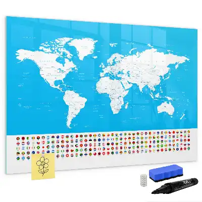 Magnetic glass dry erase board featuring an outline map of countries