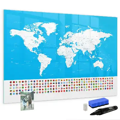 Magnetic glass dry erase board featuring an outline map of countries