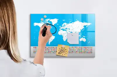 Magnetic glass dry erase board featuring an outline map of countries