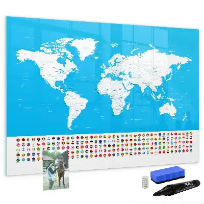Magnetic glass dry erase board featuring an outline map of countries
