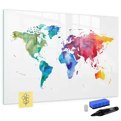 Magnetic glass dry erase board watercolor world map design