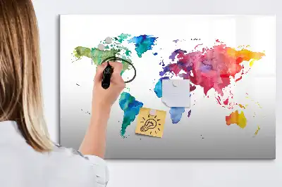 Magnetic glass dry erase board watercolor world map design