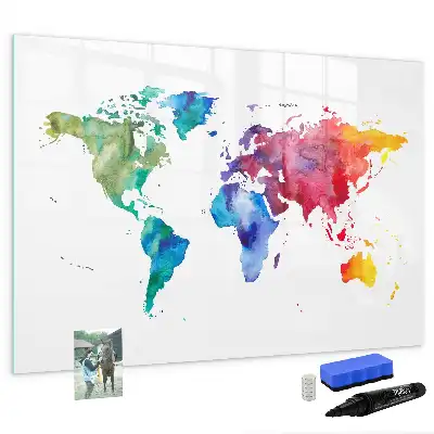 Magnetic glass dry erase board watercolor world map design