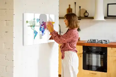 Magnetic glass dry erase board watercolor world map design
