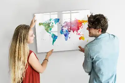 Magnetic glass dry erase board watercolor world map design