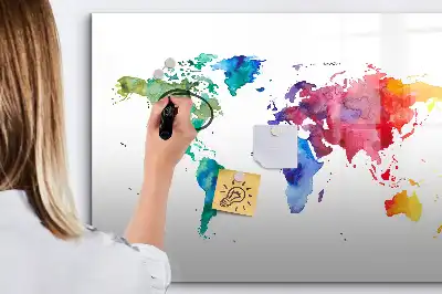 Magnetic glass dry erase board watercolor world map design