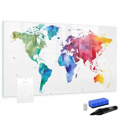 Magnetic glass dry erase board watercolor world map design