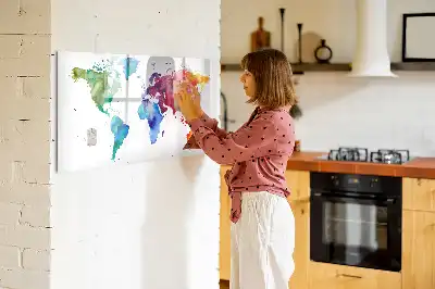 Magnetic glass dry erase board watercolor world map design