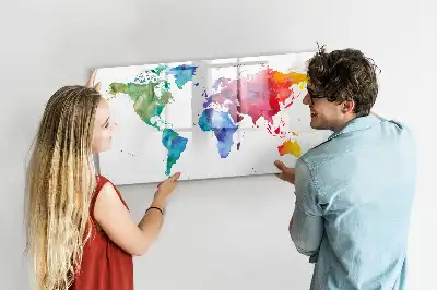 Magnetic glass dry erase board watercolor world map design