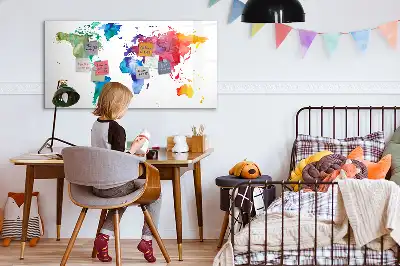 Magnetic glass dry erase board watercolor world map design