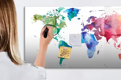 Magnetic glass dry erase board watercolor world map design