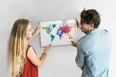 Magnetic glass dry erase board watercolor world map design