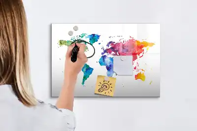 Magnetic glass dry erase board watercolor world map design