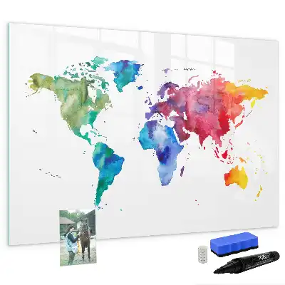 Magnetic glass dry erase board watercolor world map design
