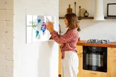 Magnetic glass dry erase board watercolor world map design
