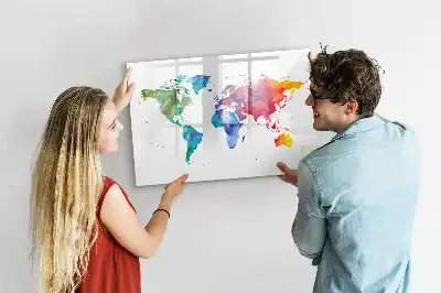 Magnetic glass dry erase board watercolor world map design