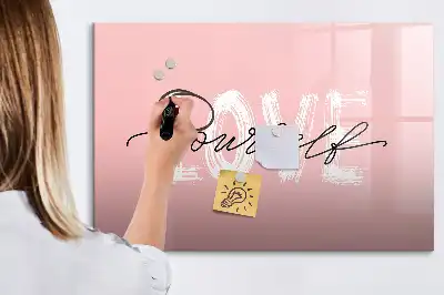 Magnetic glass dry erase board with Love Yourself text
