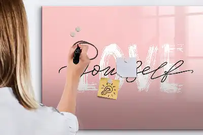 Magnetic glass dry erase board with Love Yourself text