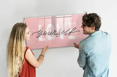 Magnetic glass dry erase board with Love Yourself text