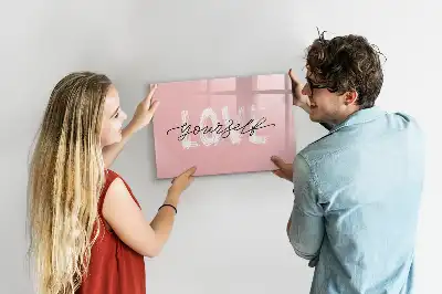 Magnetic glass dry erase board with Love Yourself text