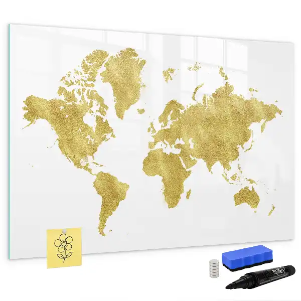 Magnetic glass dry erase board gold world map design