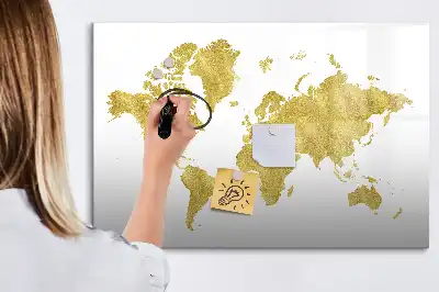 Magnetic glass dry erase board gold world map design