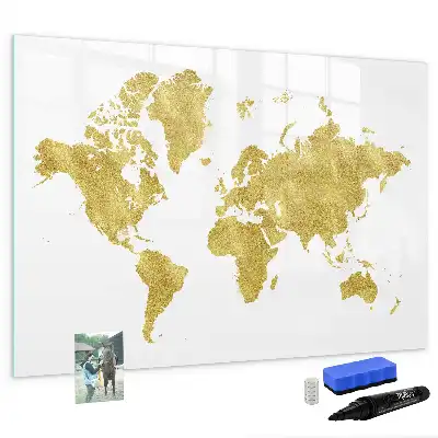 Magnetic glass dry erase board gold world map design
