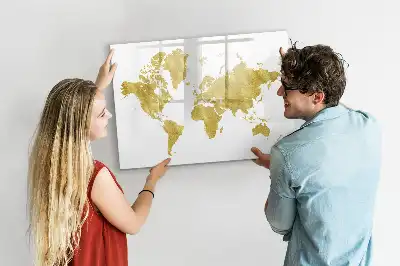 Magnetic glass dry erase board gold world map design