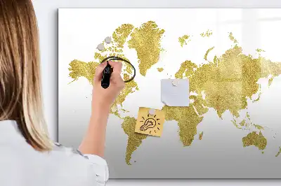 Magnetic glass dry erase board gold world map design