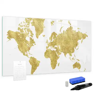 Magnetic glass dry erase board gold world map design