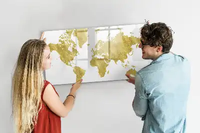 Magnetic glass dry erase board gold world map design