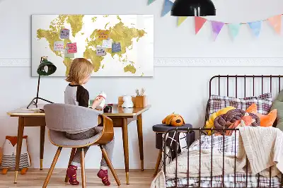 Magnetic glass dry erase board gold world map design