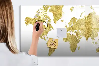 Magnetic glass dry erase board gold world map design