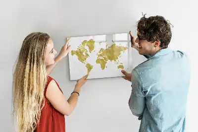 Magnetic glass dry erase board gold world map design