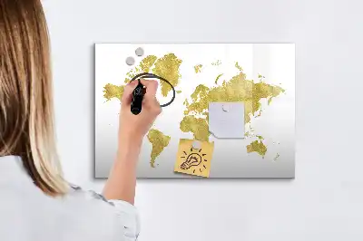 Magnetic glass dry erase board gold world map design