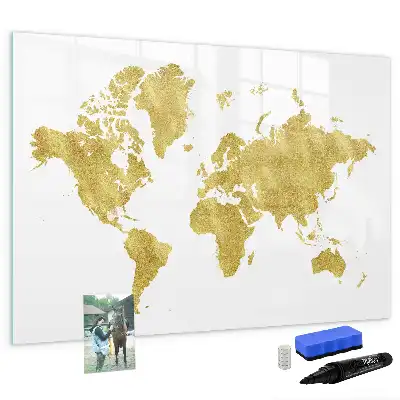 Magnetic glass dry erase board gold world map design