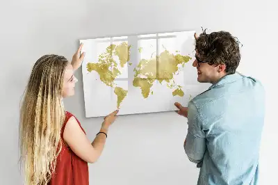 Magnetic glass dry erase board gold world map design