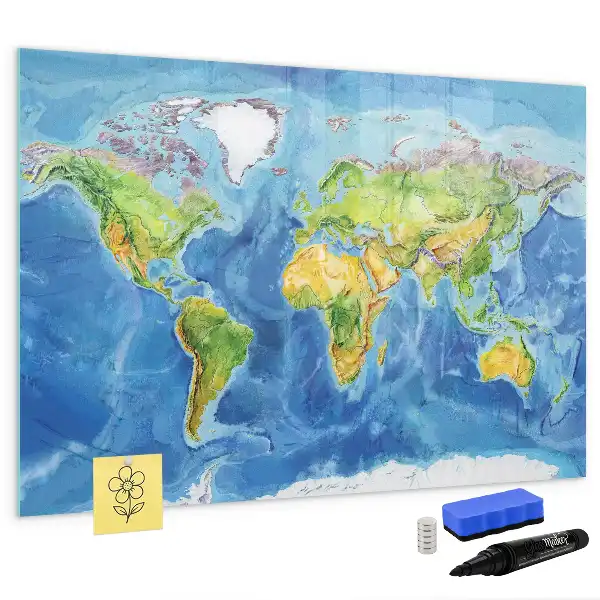 Magnetic glass dry erase board world map design