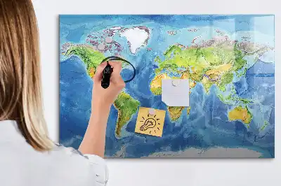 Magnetic glass dry erase board world map design