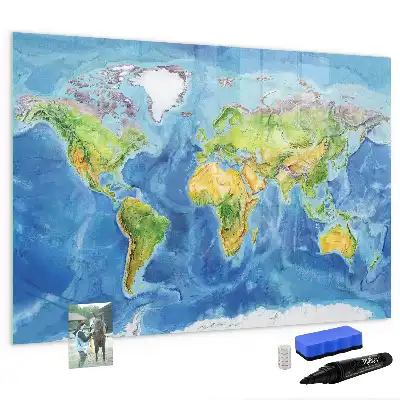 Magnetic glass dry erase board world map design