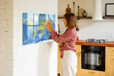 Magnetic glass dry erase board world map design