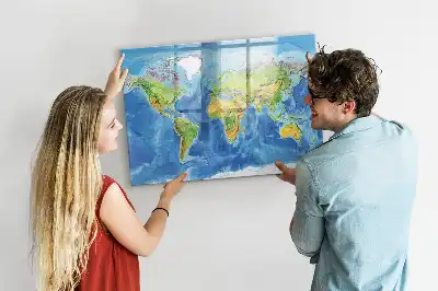 Magnetic glass dry erase board world map design