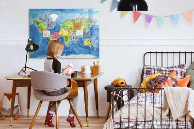 Magnetic glass dry erase board world map design