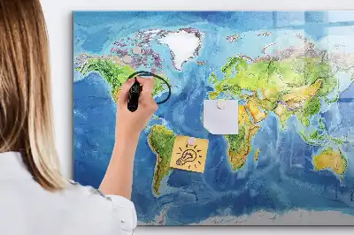 Magnetic glass dry erase board world map design