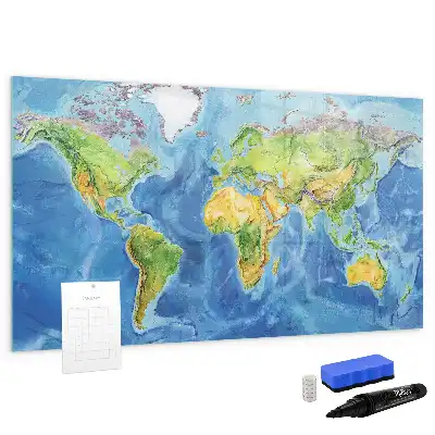 Magnetic glass dry erase board world map design